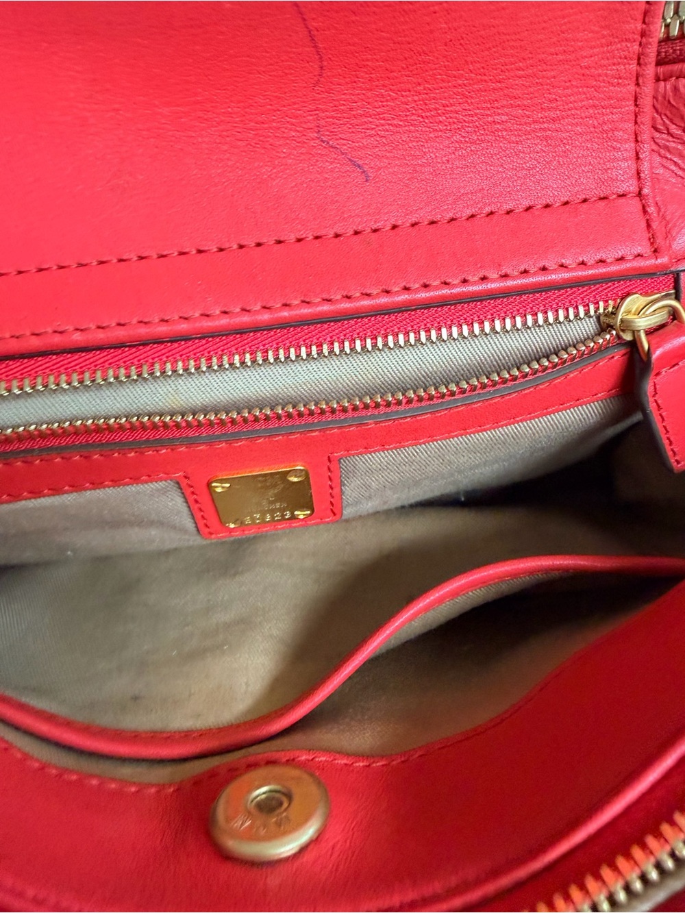 MCM Red Saffiano Leather Satchel Crossbody Bag Gold Hardware - Picture 9 of 14